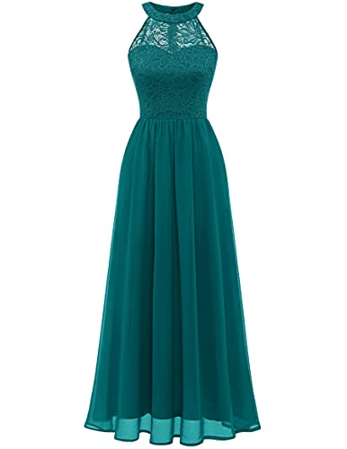 Wedtrend Damen Chiffon Spitzenkleid Brautjungfernkleid Lang Elegant Abendkleid Party Cocktailkleid Neckholder Hochzeitsgatst Kleid WT0201 PeacockGreen 2XL von Wedtrend