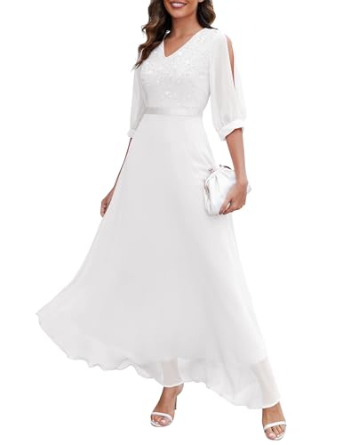 WedTrend Festkleider für Damen Kleid Weiß Damen Festlich Abendkleider Lang Cocktailkleid Damen Lang V-Ausschnitt Kleid A Linie WT0317 White M von Wedtrend