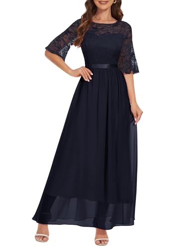 Wedtrend Hochzeitskleider Damen Spitzenkleid Damen Lang Elegant Abendkleid Maxikleider Damen A Linie WT0314 Navy 2XL von Wedtrend