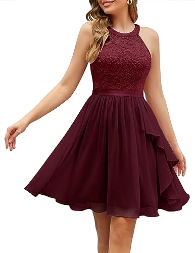 Wedtrend Damen Elegant Cocktailkleid Rüschenkleid Chiffon Kleider Neckholder Kleider Festlich WT0213 Burgundy S von Wedtrend