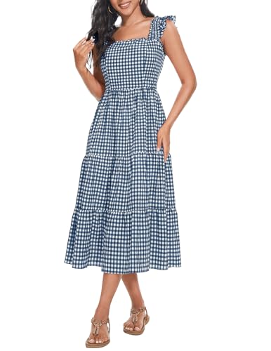 Wedtrend Sommerkleid Damen Lang Maxikleid Baumwolle Kleid Damen Freizeit Lose Sommerkleid Lang WTF10005 NavyGrid L von Wedtrend