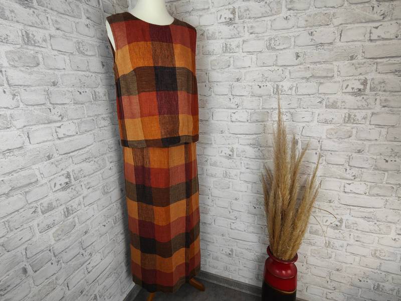 2-Teilige Outfit Kombination Leinen Maxirock Oberteil Waschbär Erdtöne Bio Blockmuster Ärmellos Herbstfarben Bekleidungs Set Style Bundle von WeeNTAGE