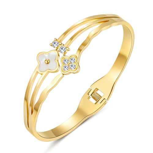 WeePoes Armreif Gold Kleeblatt Armband, Vierblättriges Armband Gold, Edelstahl Armbänder Damen, Geburtstagsgeschenk für Frauen von WeePoes