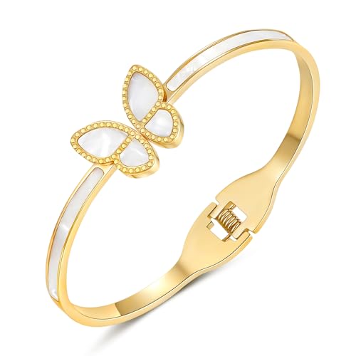 WeePoes Armreif Gold Schmetterling Armband, Vierblättriges Armband Gold, Edelstahl Armbänder Damen, Geburtstagsgeschenk für Frauen von WeePoes