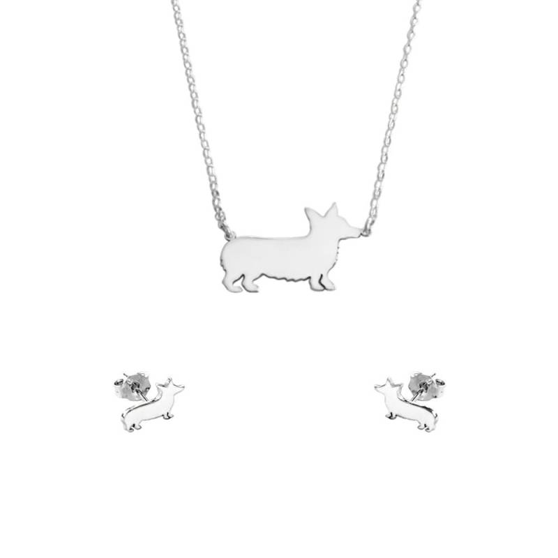 Corgis Ohrstecker Halskette Set - Silber 14K Vergoldet Anhänger, Hunde-Liebhaber Geschenk |Line von WeeShopyDog