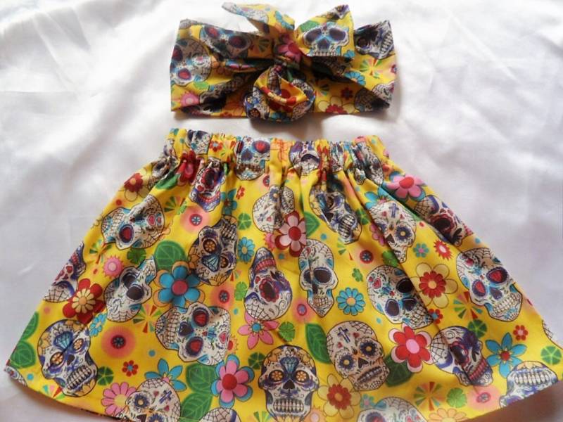 Babyrock Und Headwrap Süßes Baby Set Gelber Totenkopf Print Mädchen Kleidung Neu von WeeTartanThreads