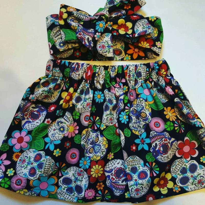 Babyrock Und Headwrap Süßes Baby Set Schwarzer Totenkopf Print Mädchen Kleidung Neu von WeeTartanThreads