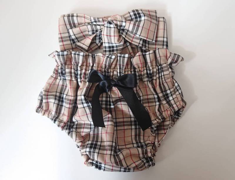 Beige Tartan Baby's Mädchen Pumphose Und Headwrap Baby Set Kleidung Winter Outfit Neu von WeeTartanThreads