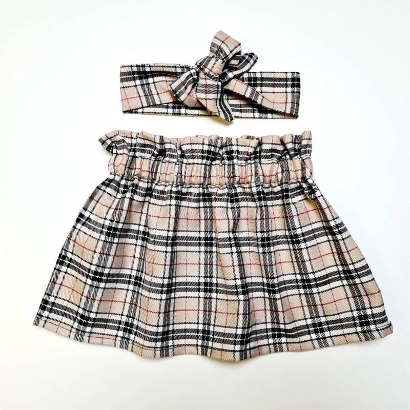 Beige Tartan High Waisted Rock Und Headwrap Set Süßes Baby Outfit Print Mädchen Kleidung Neu von WeeTartanThreads