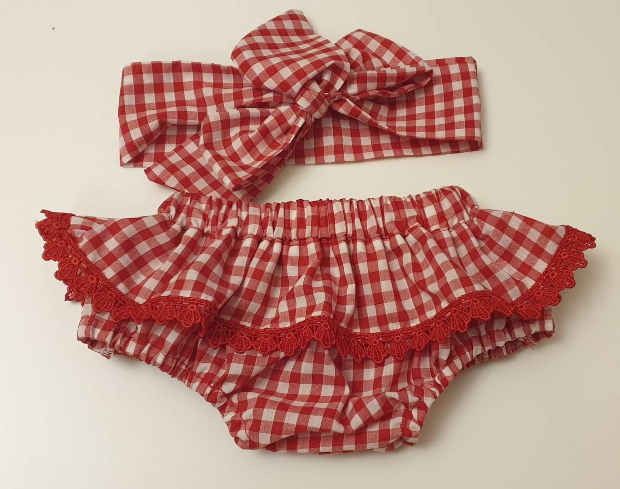 Roter Gingham Lace Bloomer Und Head Wrap Set Rüschen Baby Mädchen Kleidung Neu von WeeTartanThreads