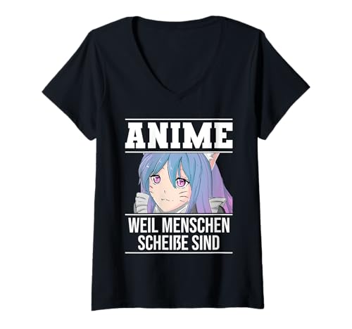 Damen Lustig Anime weil Menschen scheiße sind Otaku Sprüche Neko T-Shirt mit V-Ausschnitt Damen Lustig Anime weil Menschen scheiße sind Otaku Sprüche Neko T-Shirt mit V-Ausschnitt von Weeb Merch Merchandise Kawaii Sprüche Geschenke