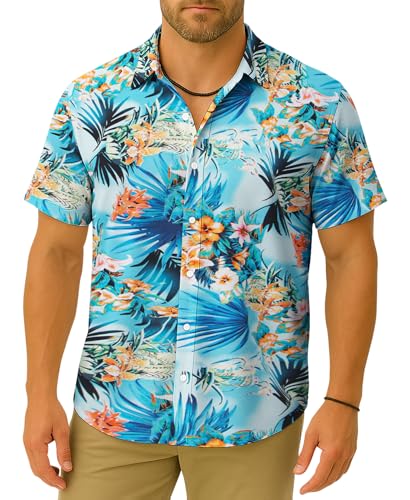 Weecreeture Big and Tall Herren Hawaiihemd Kurzarm Tropische Blumen Button Down Casual Sommer Strand Hemd, Himmelblau-orange mit Blumenmuster, 6XL von Weecreeture