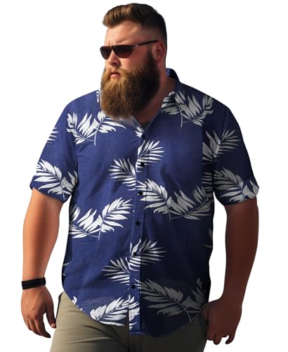 Weecreeture Big and Tall Herren Hawaiihemd Kurzarm Tropische Blumen Button Down Casual Sommer Strand Hemd, Navy Monstera, 6XL von Weecreeture