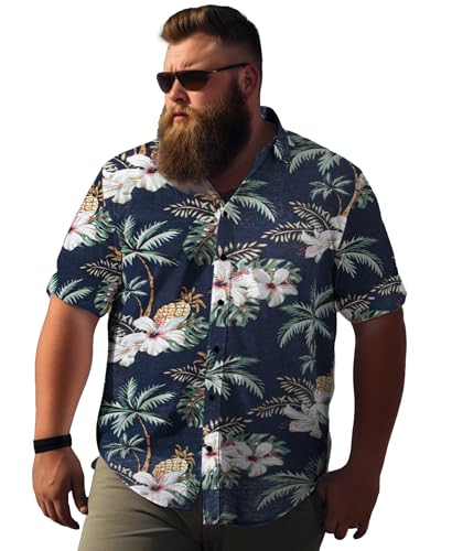 Weecreeture Big and Tall Herren Hawaiihemd Kurzarm Tropische Blumen Button Down Casual Sommer Strand Hemd, Schwarz-weiße Ananas, 4XL von Weecreeture