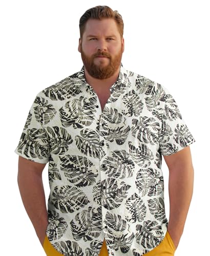Weecreeture Big and Tall Herren Hawaiihemd Kurzarm Tropische Blumen Button Down Casual Sommer Strand Hemd, Weiß-schwarzes Blatt, 5XL Groß Tall von Weecreeture