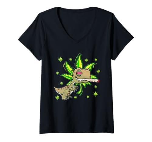 Damen TRex Dino Smoking Weed Cannabis Marihuana 420 Trippy Stoner T-Shirt mit V-Ausschnitt Damen TRex Dino Smoking Weed Cannabis Marihuana 420 Trippy Stoner T-Shirt mit V-Ausschnitt von Weed Shirts Cannabis Marijuana 420 Pot-head trip