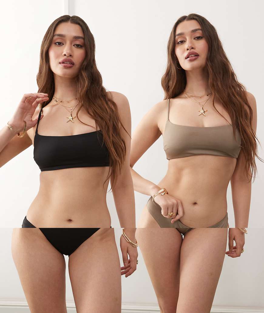 Weekday - 2er-Pack trägerlose Bikinioberteile in Schwarz & Maulwurfsbraun von Weekday