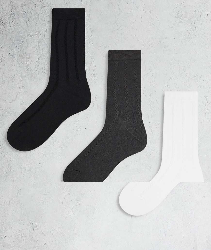 Weekday - 3er-Pack Crew-Socken in Schwarz und Grau mit Zopfmuster von Weekday