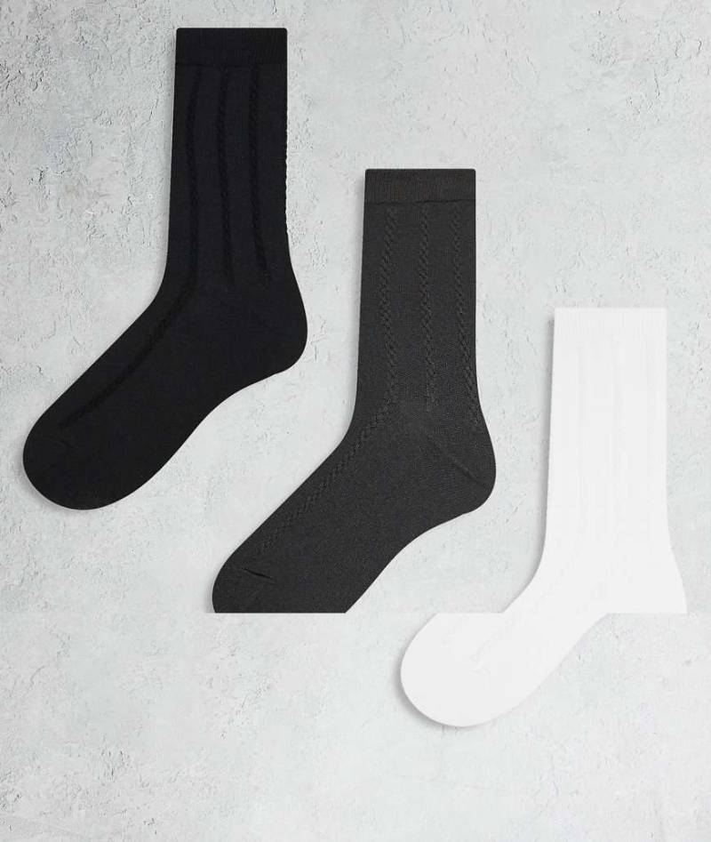 Weekday - 3er-Pack Crew-Socken in Schwarz und Grau mit Zopfmuster von Weekday