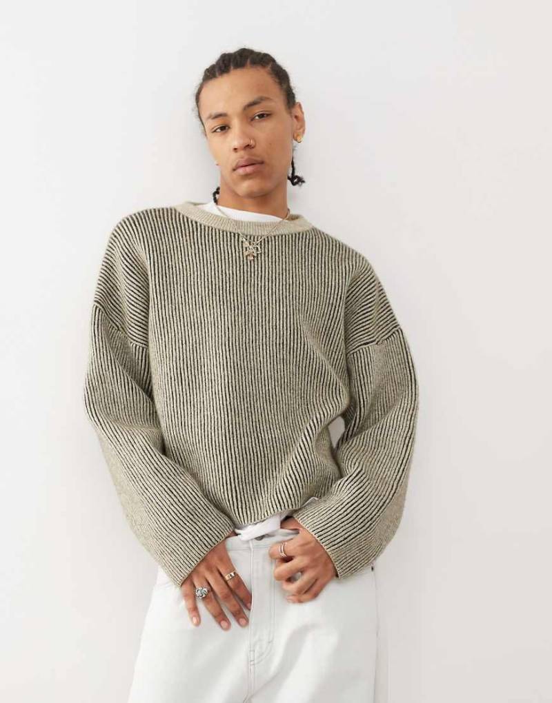 Weekday - Alek - Pullover aus Wollmischung in Khaki mit zweifarbiger Rippung-Grün von Weekday