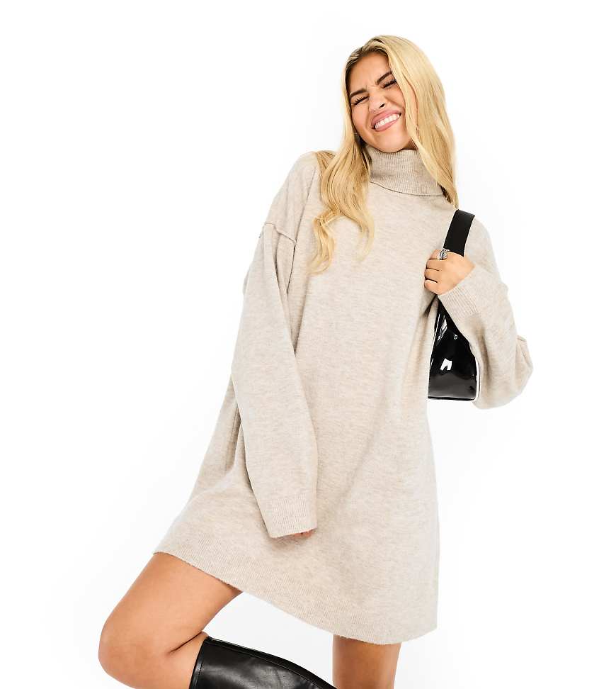 Weekday - Annie - Kurzes Strick-Pulloverkleid in Beige meliert aus Wollmix mit Rollkragen, exklusiv bei ASOS-Braun von Weekday