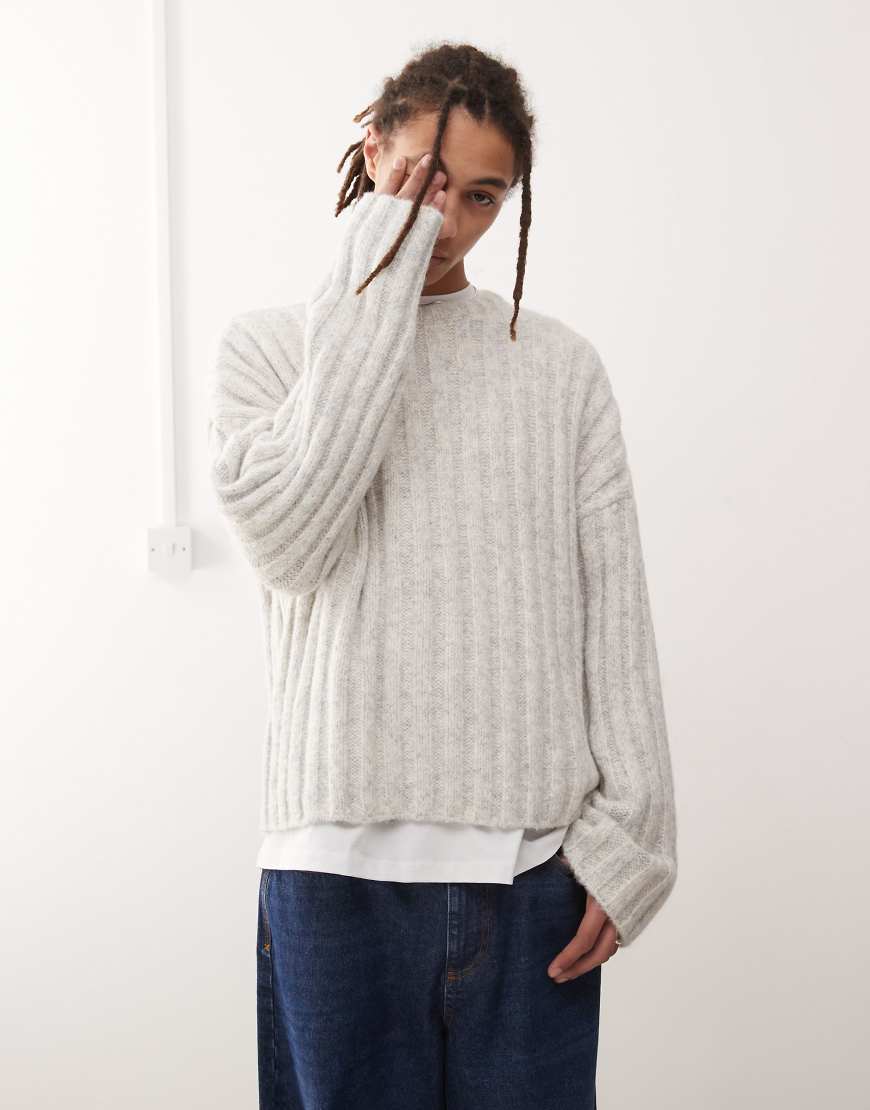 Weekday - Connor - Gerippter Wollmix-Pullover in Hellgrau mit leicht verkürztem Schnitt von Weekday