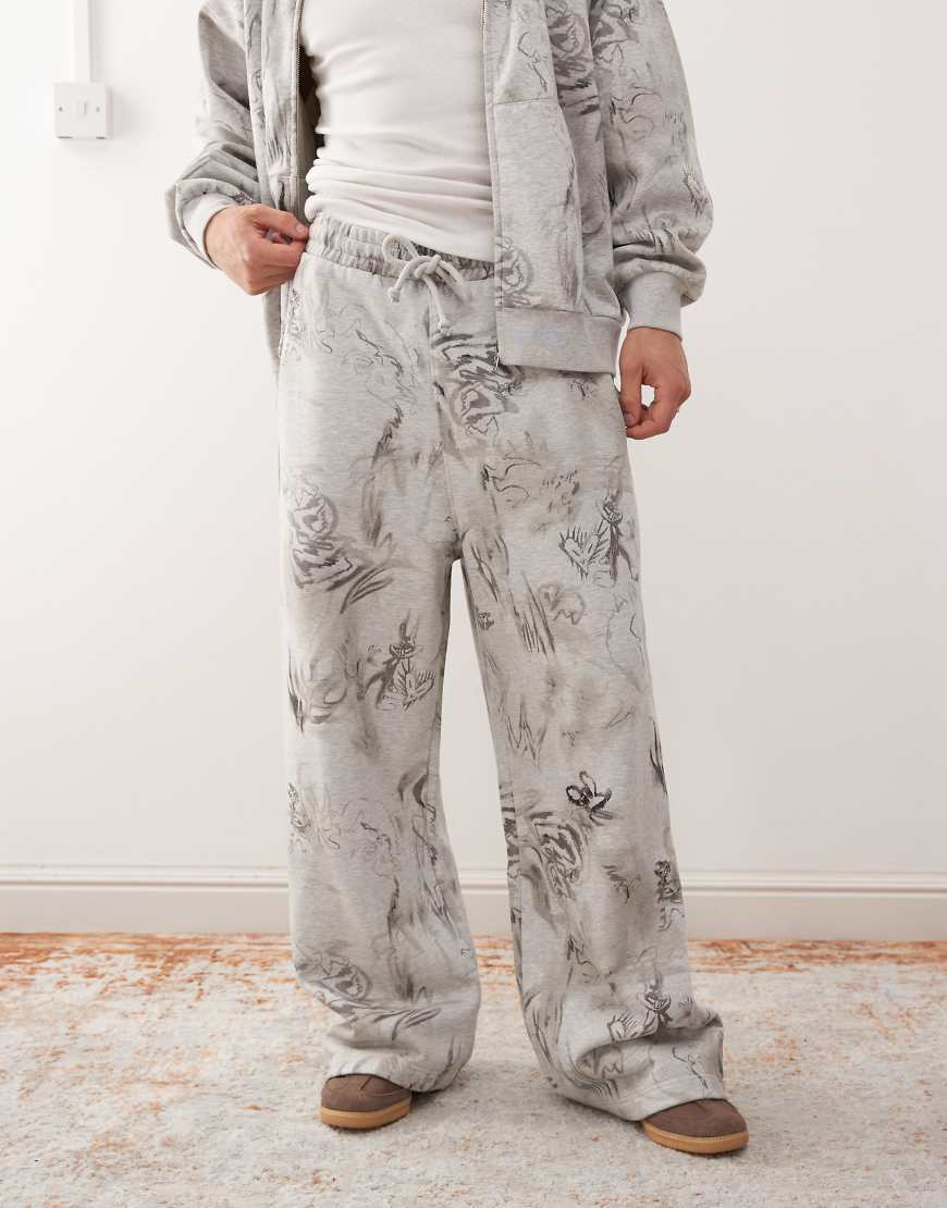 Weekday - Grau melierte Jogginghose mit weitem Bein und Grafikprint in Kritzeloptik, Kombiteil von Weekday