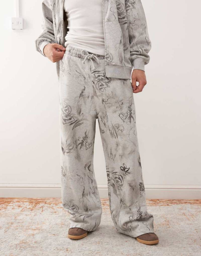 Weekday - Grau melierte Jogginghose mit weitem Bein und Grafikprint in Kritzeloptik, Kombiteil von Weekday