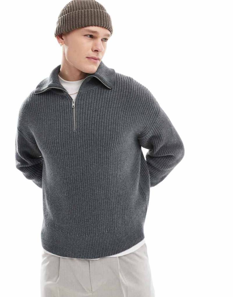 Weekday - Jim - Wollmix-Pullover in meliertem Grau mit kurzem Reißverschluss von Weekday