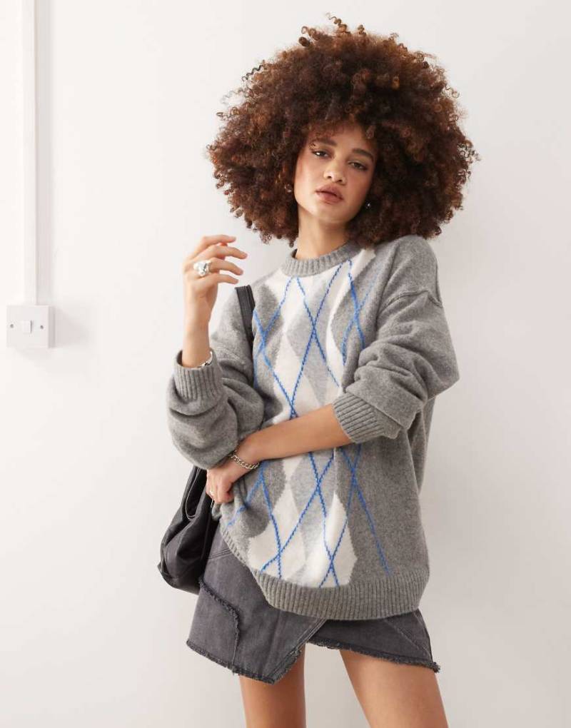 Weekday - Jules - Wollmix-Pullover in meliertem Grau mit Argyle-Rautenmuster von Weekday