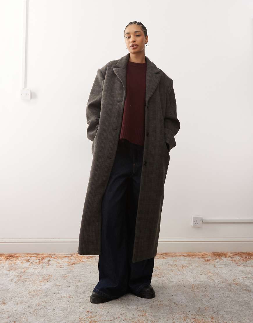 Weekday - Karierter Oversize-Mantel aus Wollmix in dunklem Maulwurfbraun mit akzentuierten Schultern-Brown von Weekday