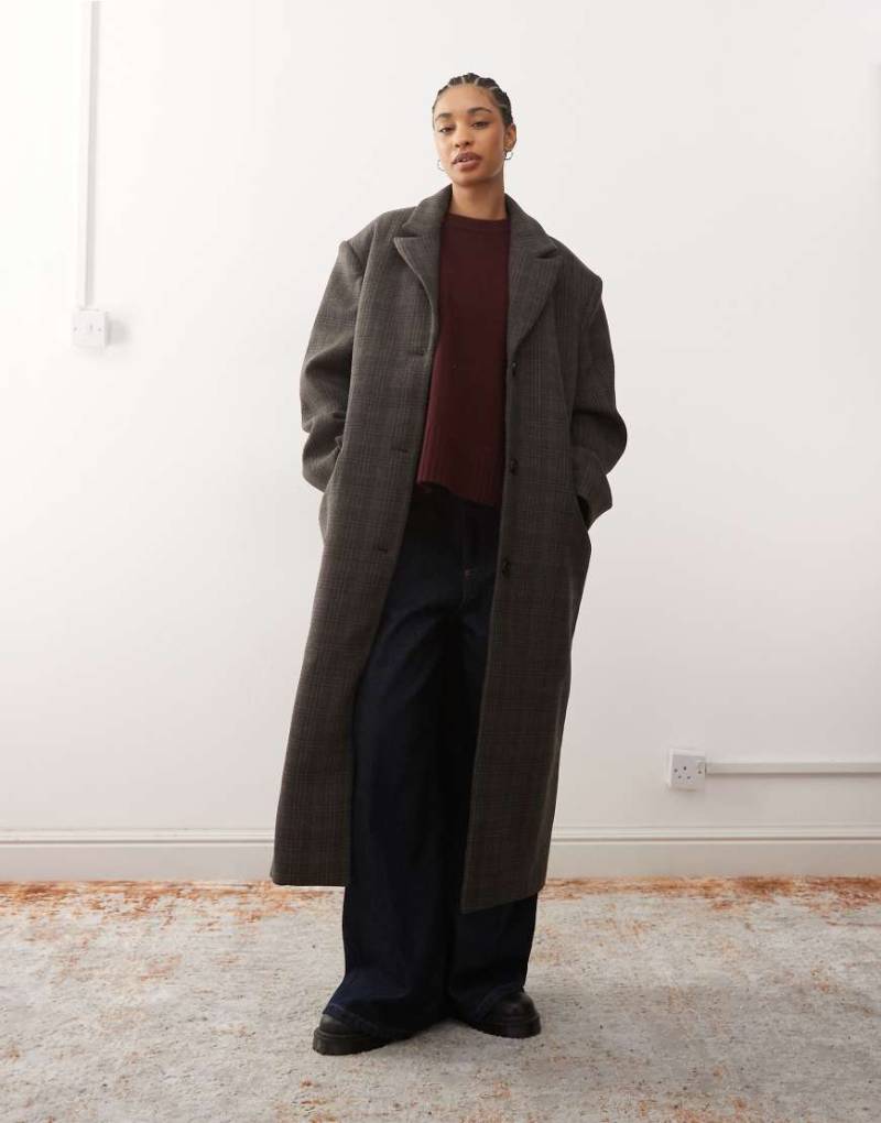 Weekday - Karierter Oversize-Mantel aus Wollmix in dunklem Maulwurfbraun mit akzentuierten Schultern-Brown von Weekday