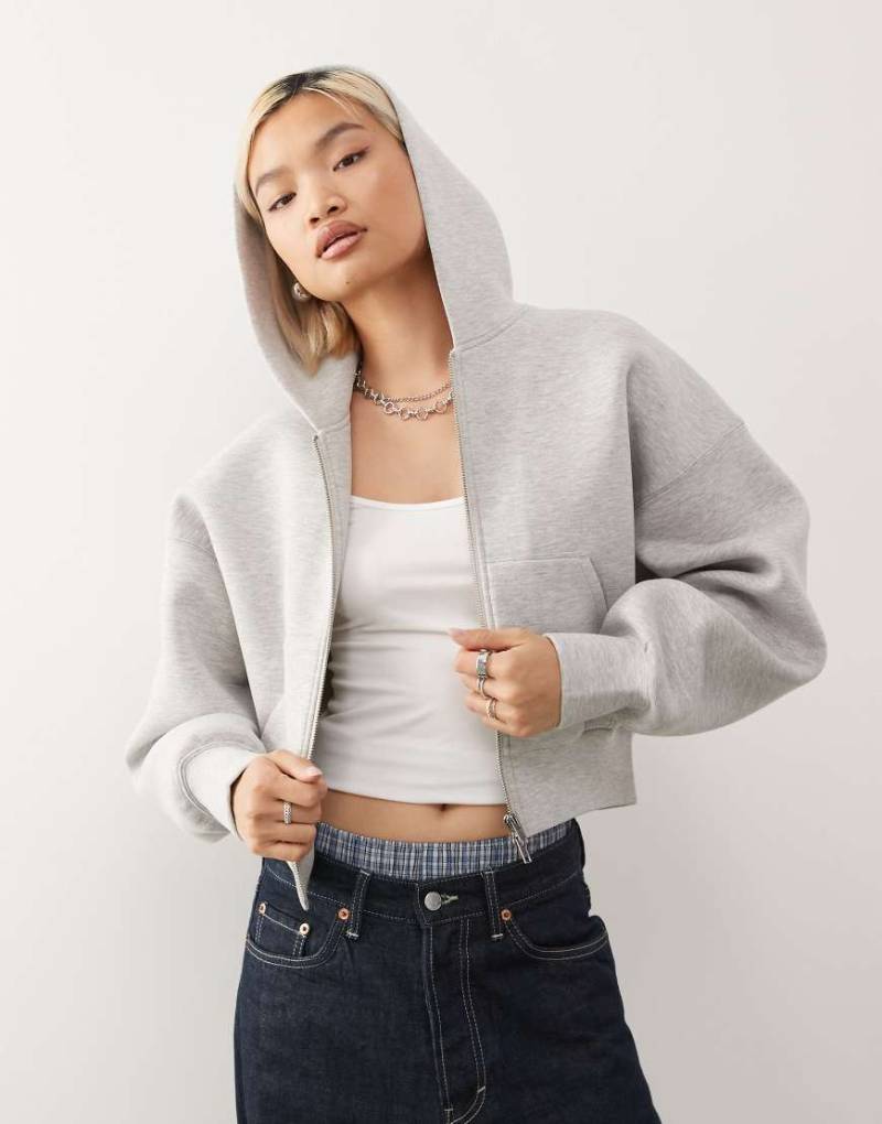 Weekday - Kastige Oversize-Kapuzenjacke aus neoprenähnlichem Material in grau meliert mit Reißverschluss von Weekday