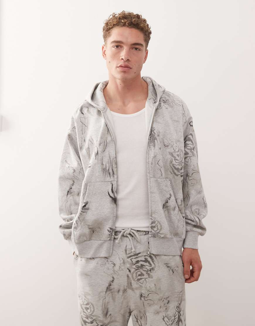 Weekday - Kastige Oversize-Kapuzenjacke in grau meliert mit Reißverschluss und Grafikprint in Kritzeloptik, Kombiteil von Weekday