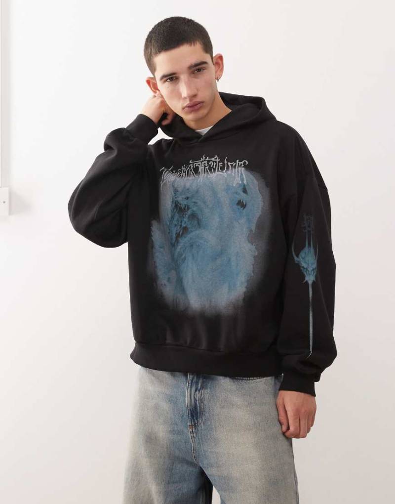 Weekday - Kastiger Oversize-Kapuzenpullover in Schwarz mit Drachen-Grafikprint von Weekday