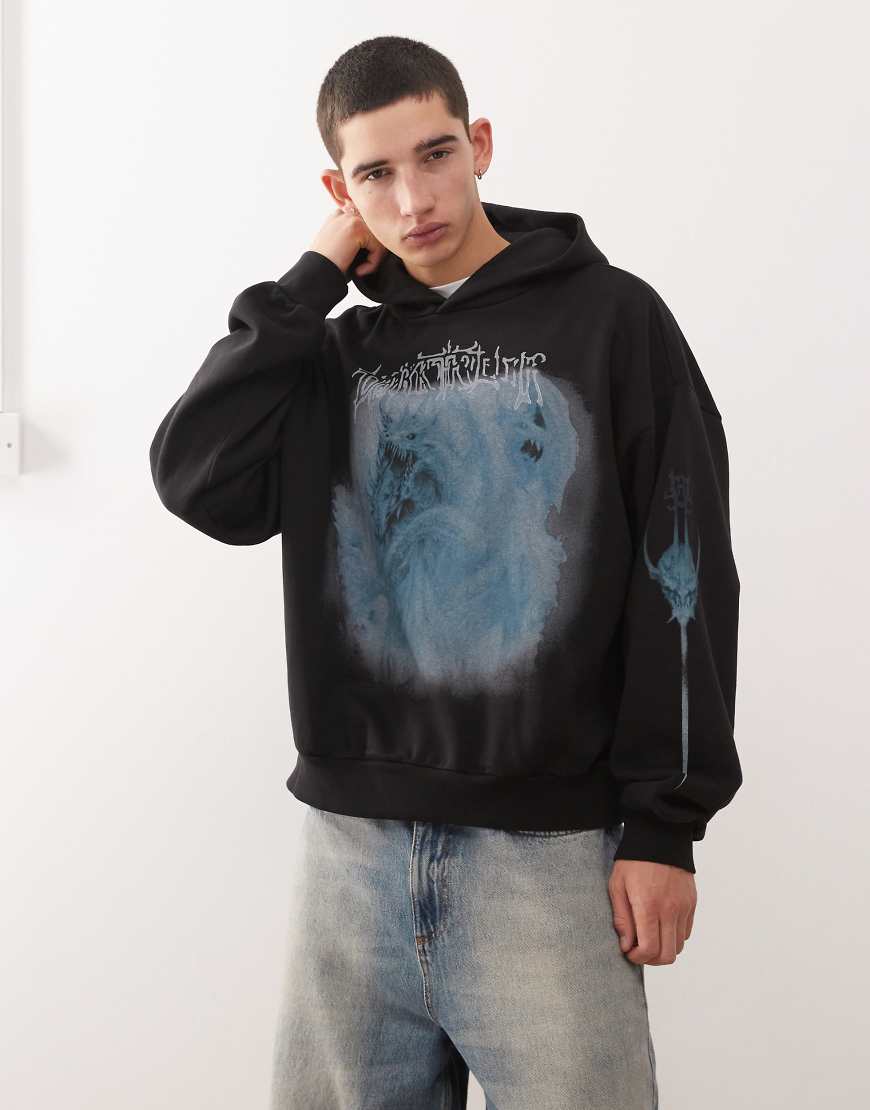 Weekday - Kastiger Oversize-Kapuzenpullover in Schwarz mit Drachen-Grafikprint von Weekday