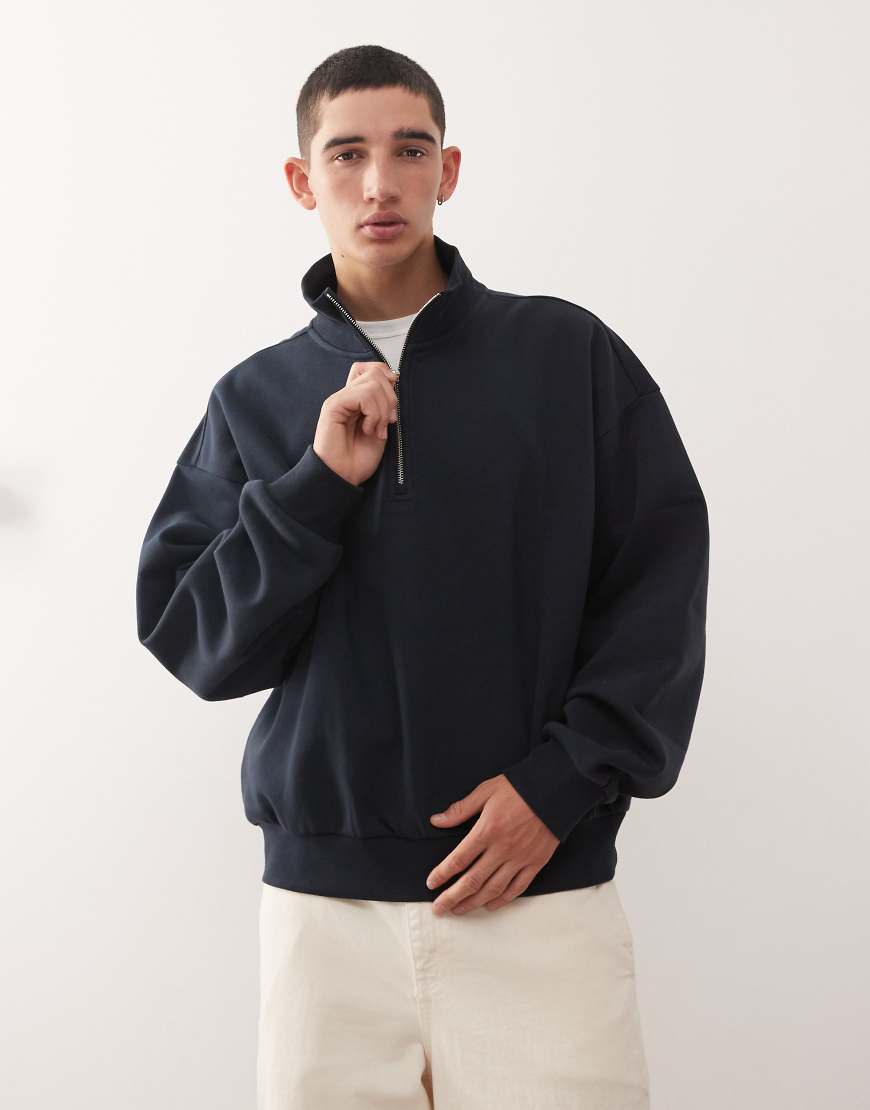 Weekday - Kastiges Oversize-Sweatshirt in dunklem Marineblau mit halblangem Reißverschluss von Weekday