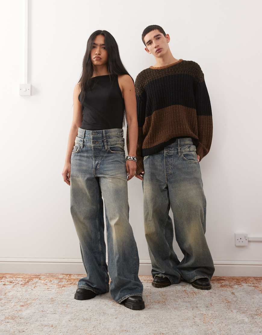 Weekday - Locker sitzende Unisex-Jeans in ausgebleichter blauer Waschung mit weitem Bein und doppeltem Taillenbund von Weekday