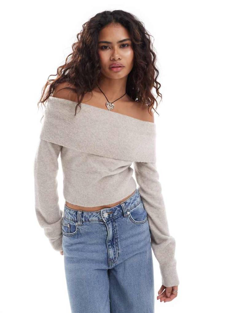 Weekday - Lolo - Schulterfreier Strickpullover in meliertem Beige-Neutral von Weekday