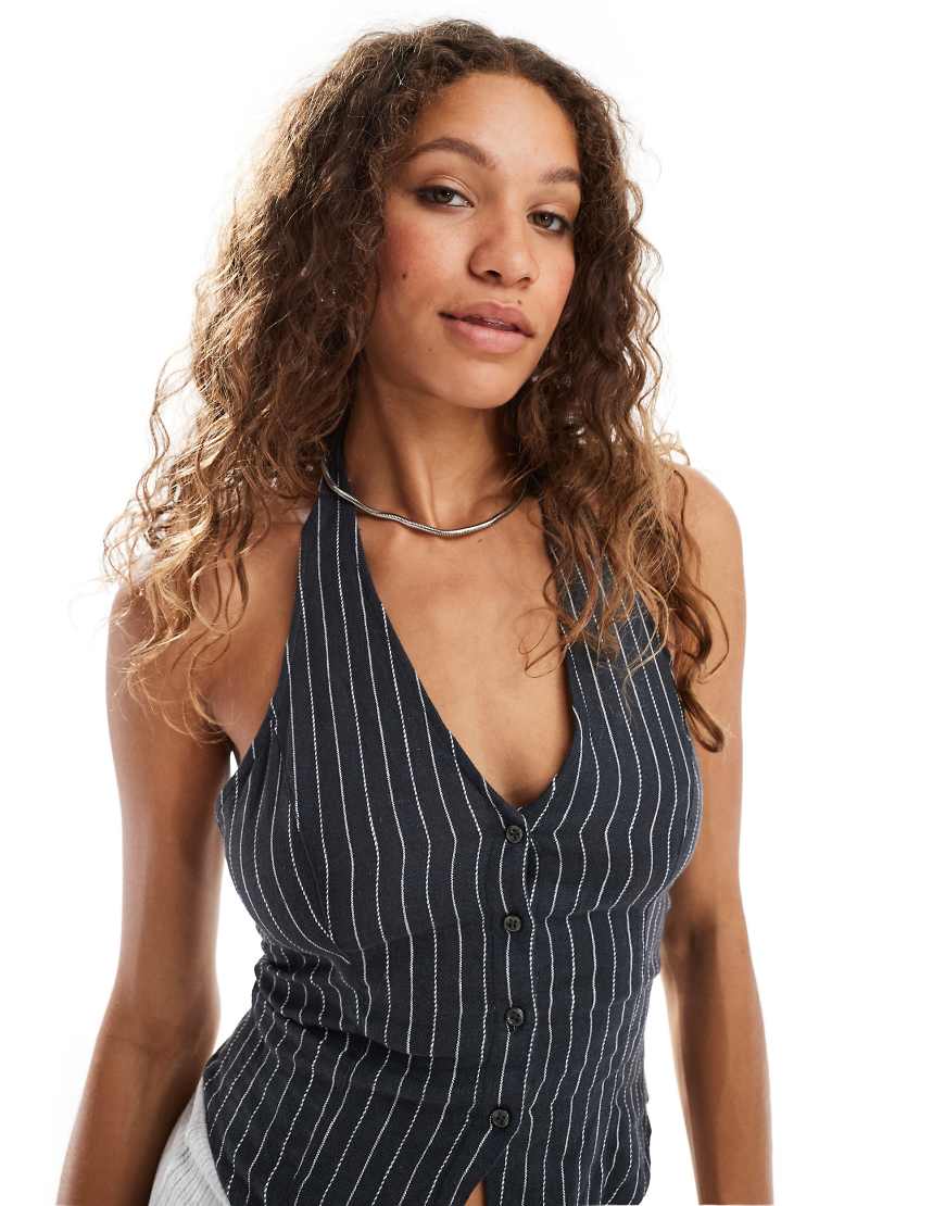 Weekday - Nadja - Weste aus Leinenmix in Grau mit Nadelstreifen und Neckholder von Weekday