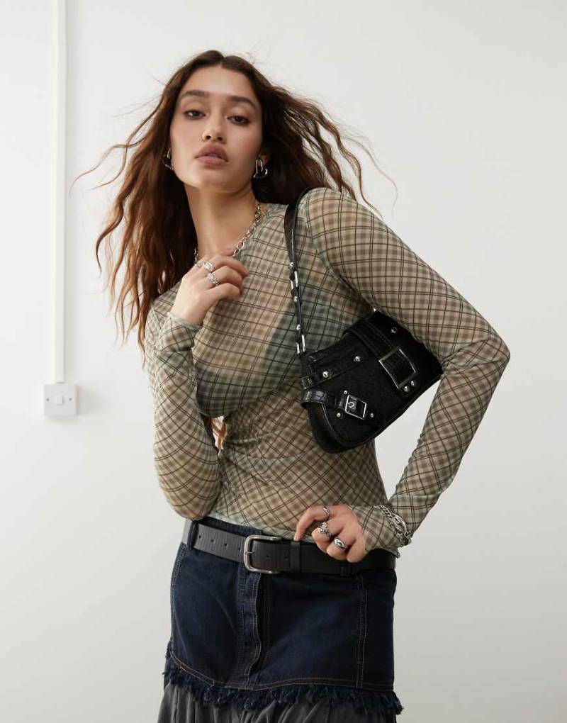 Weekday - Nico - Langärmliges Oberteil in Beige aus Netzstoff mit kariertem Print-Neutral von Weekday