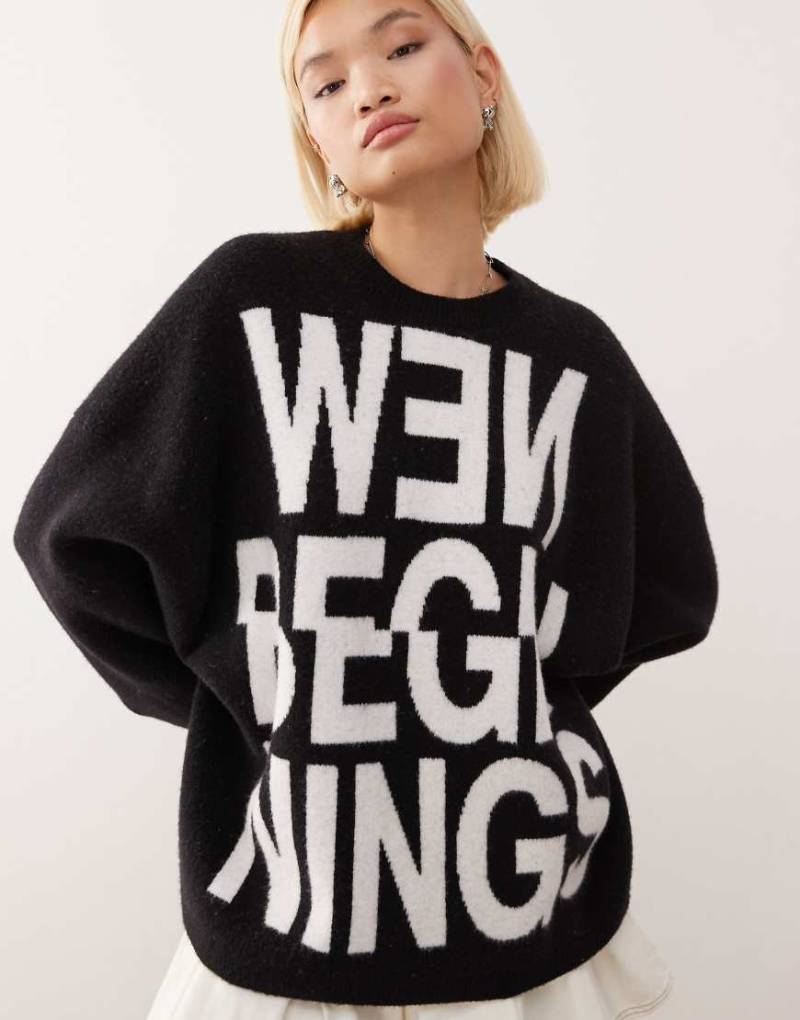 Weekday - Oversize-Pullover in Schwarz mit „New beginnings"-Jacquard-Design von Weekday