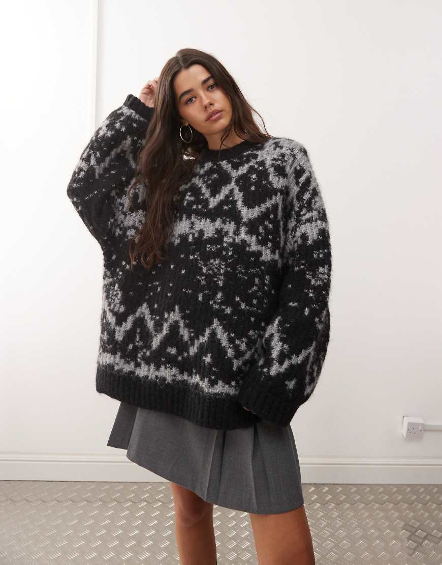 Weekday - Premium - Oversize-Norwegerpullover aus Wollmix in grau meliert und Schwarz Weekday - Premium - Oversize-Norwegerpullover aus Wollmix in grau meliert und Schwarz von Weekday