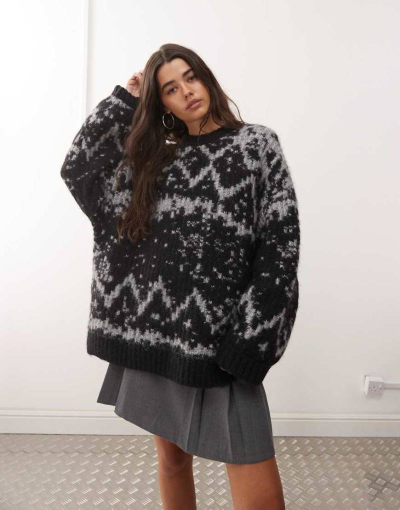 Weekday - Premium - Oversize-Norwegerpullover aus Wollmix in grau meliert und Schwarz von Weekday