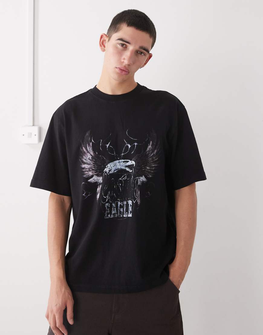 Weekday - Relaxed Fit Oversize-T-Shirt in Schwarz mit Vintage-Adlerprint von Weekday