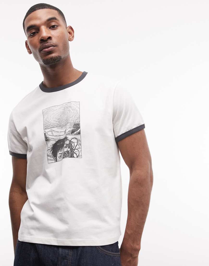 Weekday - Ringer-T-Shirt in Weiß mit Comic-Grafikprint von Weekday