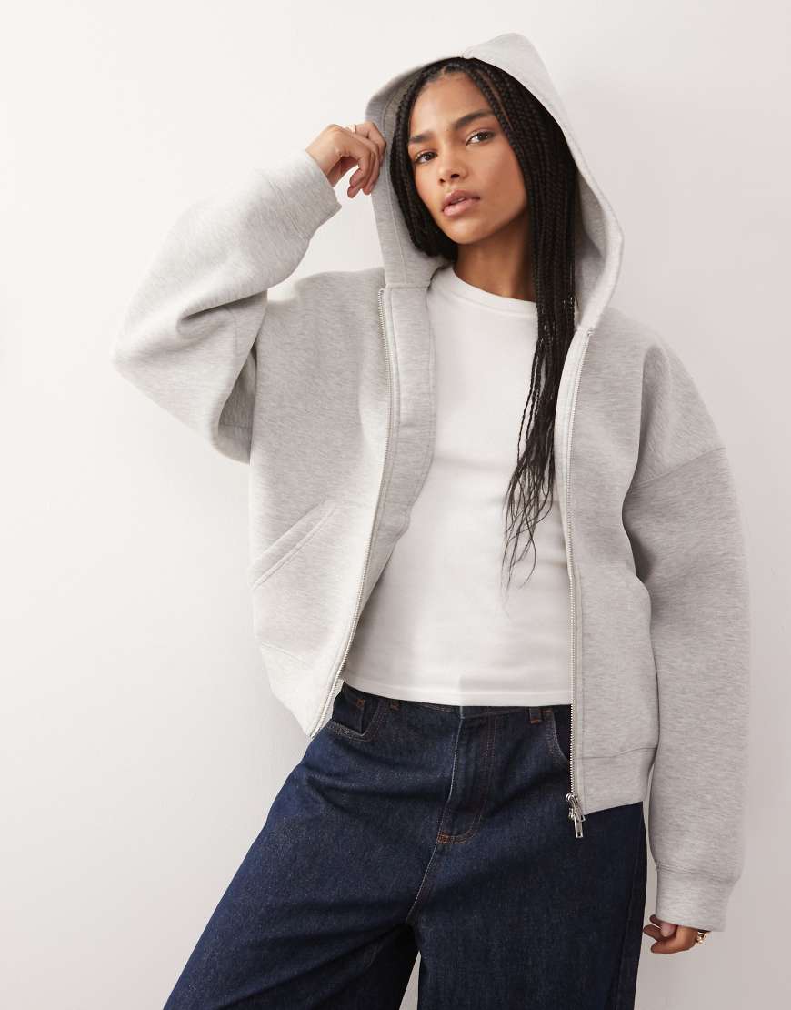 Weekday - Scarlet - Oversize-Kapuzenjacke aus neoprenartigem Material in Grau meliert mit durchgehendem Reißverschluss von Weekday