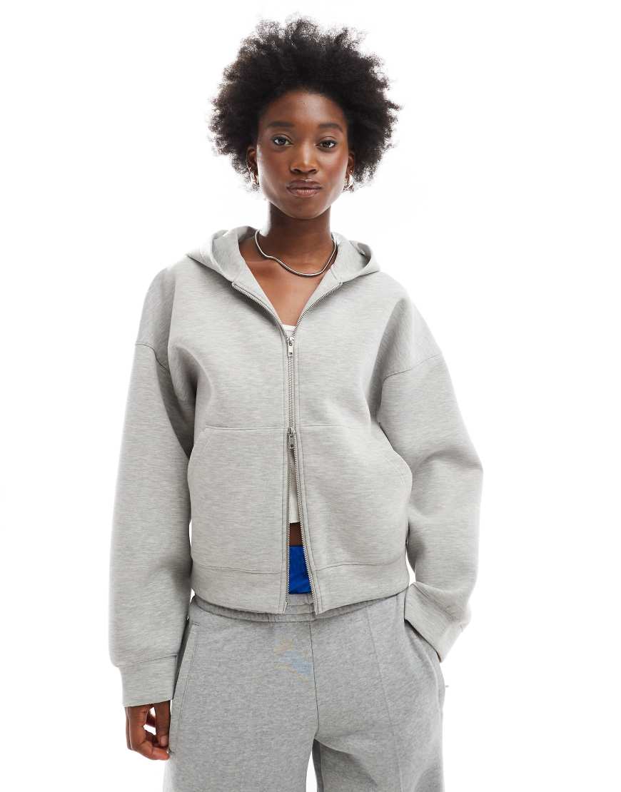 Weekday - Scarlet - Oversize-Kapuzenjacke aus neoprenartigem Material in Grau meliert mit durchgehendem Reißverschluss von Weekday