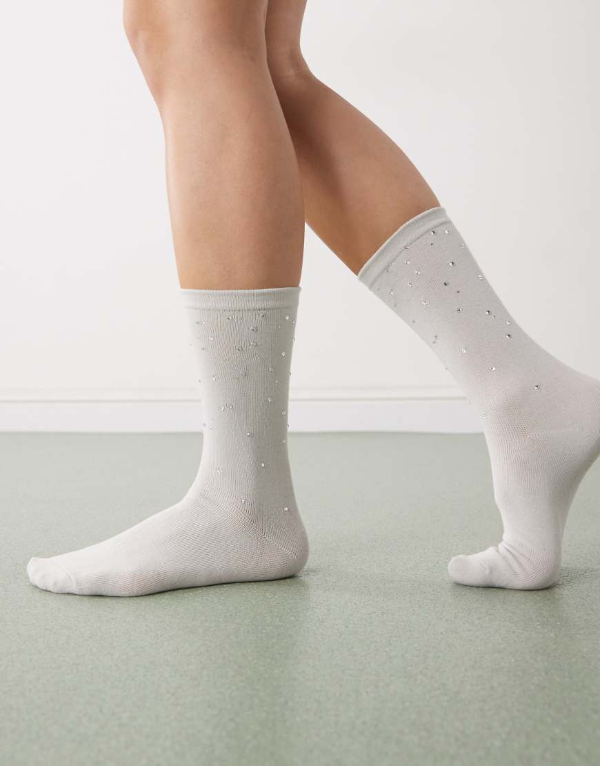 Weekday - Socken in Hellgrau mit Strasssteinen-Weiß von Weekday