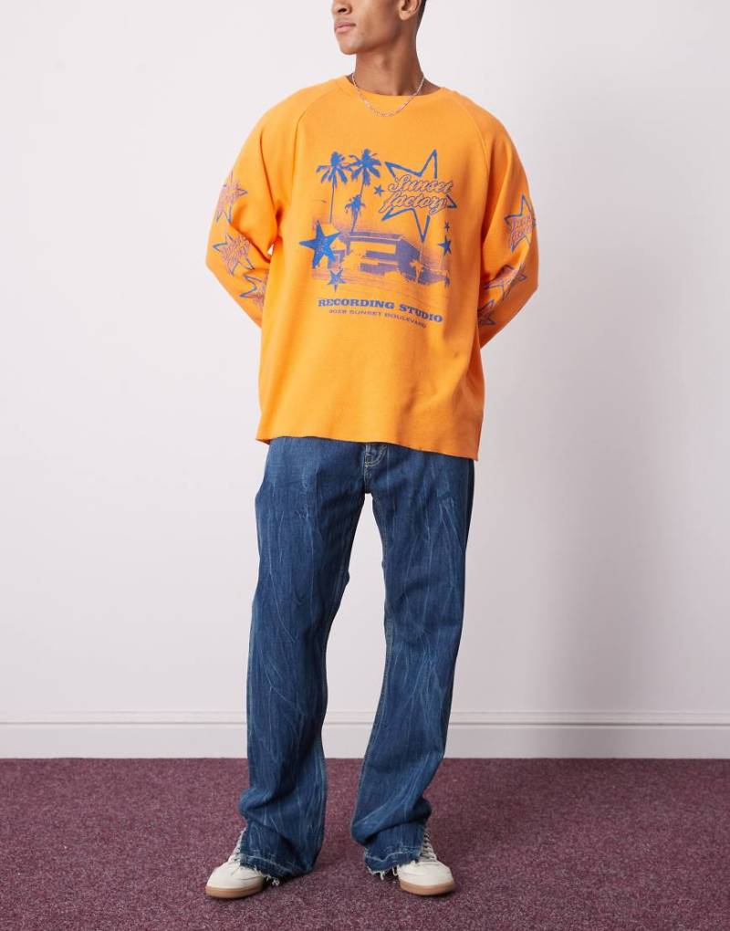 Weekday - Space - Jeans in blauer Waschung mit Marmoreffekt, lockerem, geradem Schnitt und geteiltem Saum von Weekday